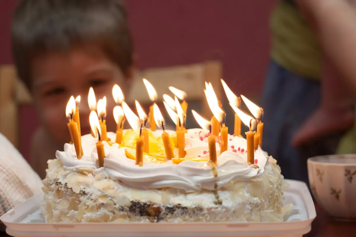 A birthday cake full of candles